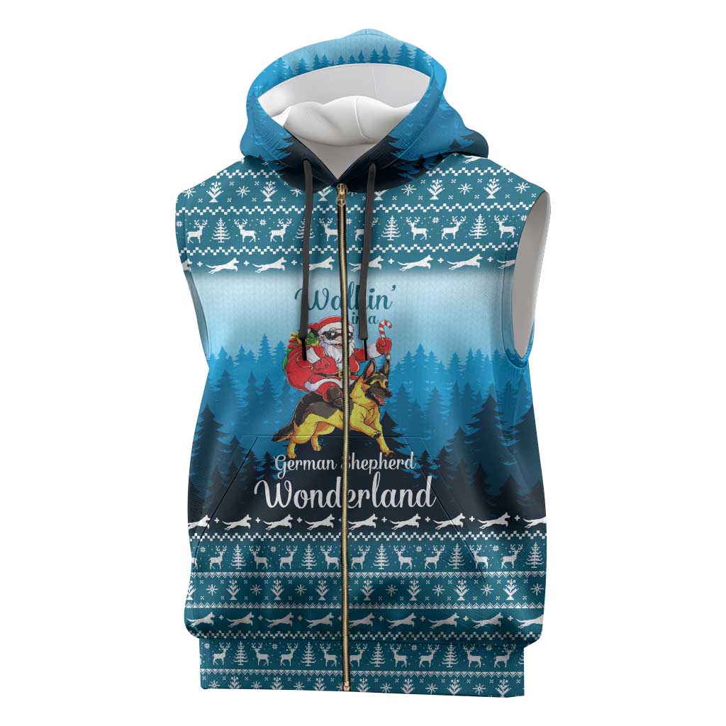 German Shepherd Christmas Sleeveless Zip Hoodie with Walking in a Wonderland Quote and Santa Forest - Wonder Print Shop