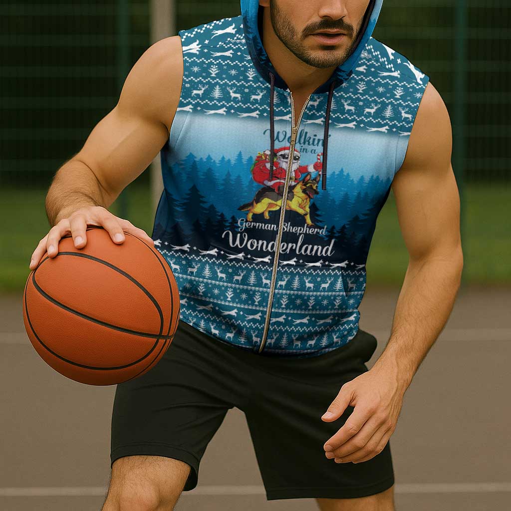 German Shepherd Christmas Sleeveless Zip Hoodie with Walking in a Wonderland Quote and Santa Forest - Wonder Print Shop