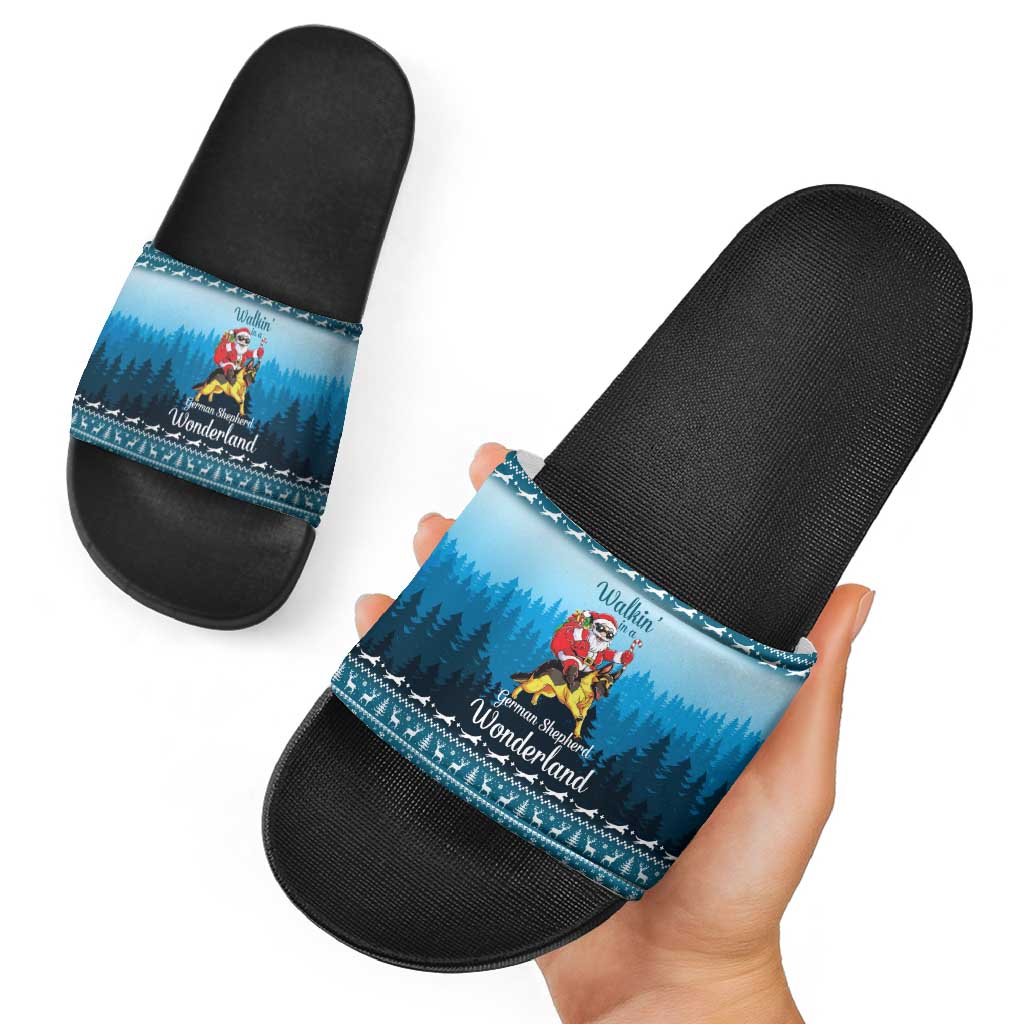 German Shepherd Christmas Slide Sandals with Walking in a Wonderland Quote and Santa Forest - Wonder Print Shop