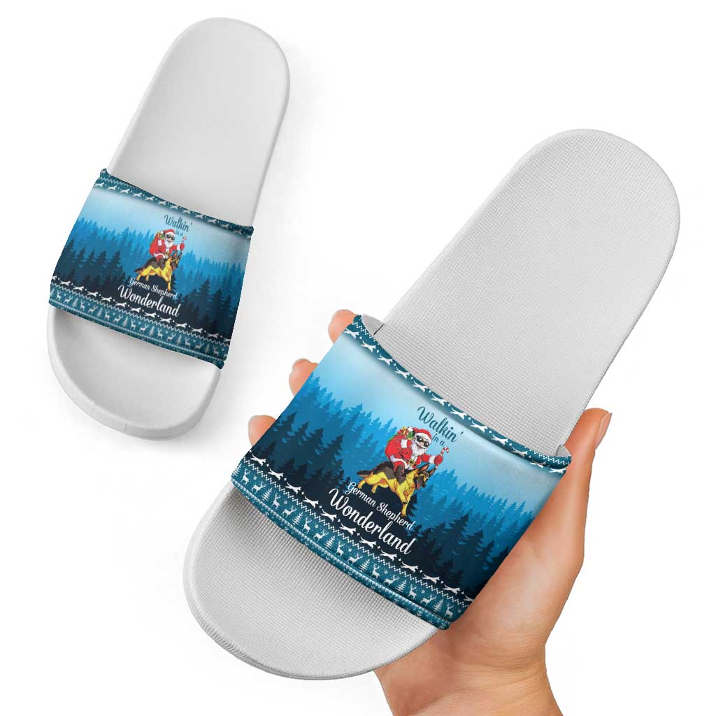 German Shepherd Christmas Slide Sandals with Walking in a Wonderland Quote and Santa Forest - Wonder Print Shop