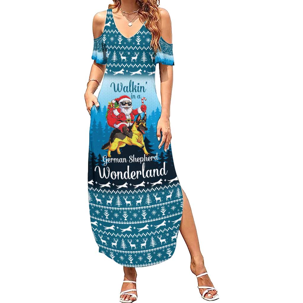 German Shepherd Christmas Summer Maxi Dress with Walking in a Wonderland Quote and Santa Forest - Wonder Print Shop