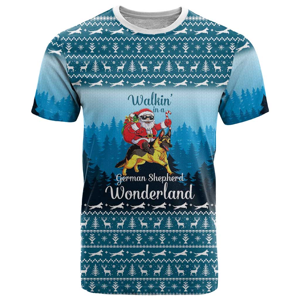 German Shepherd Christmas T Shirt with Walking in a Wonderland Quote and Santa Forest - Wonder Print Shop