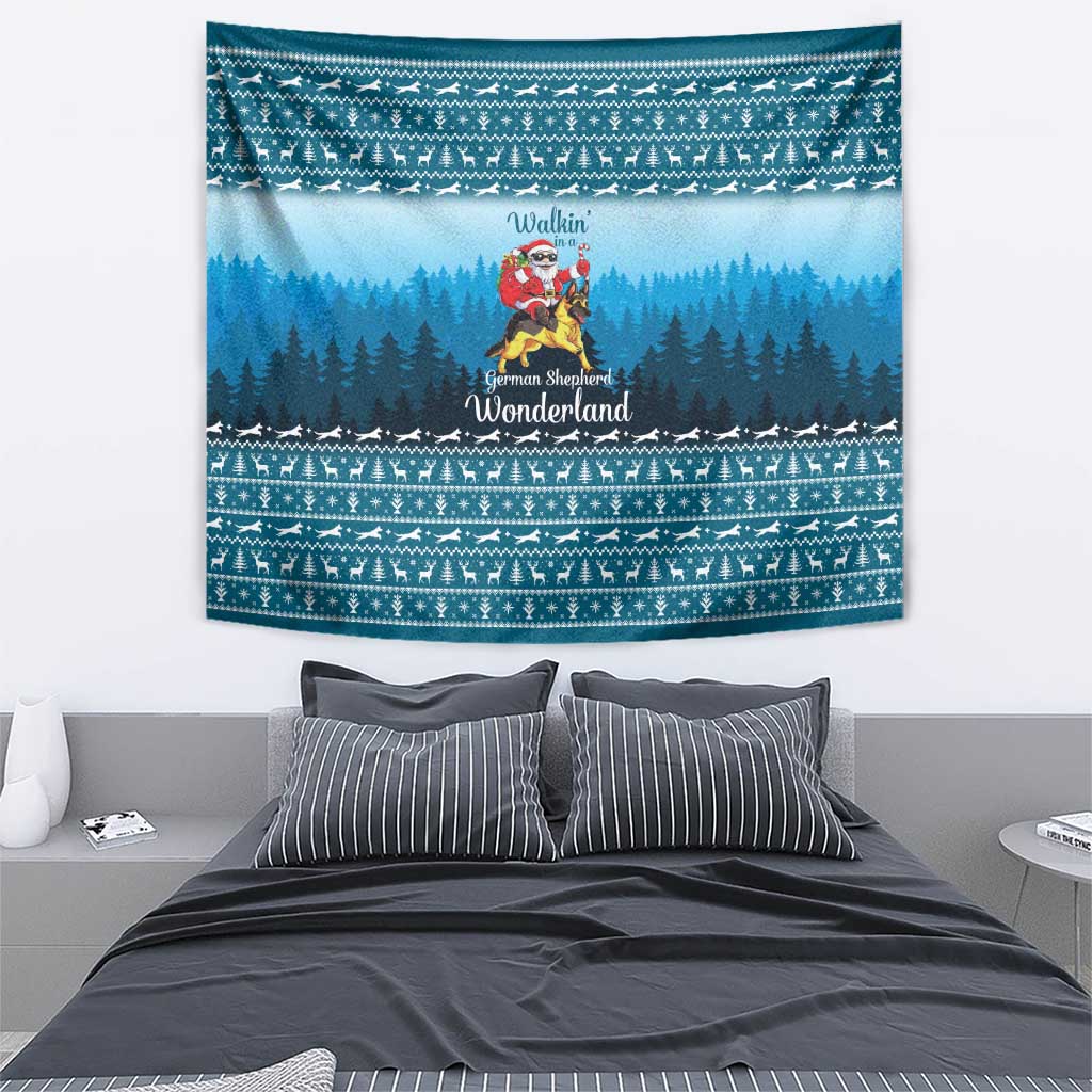 German Shepherd Christmas Tapestry with Walking in a Wonderland Quote and Santa Forest - Wonder Print Shop