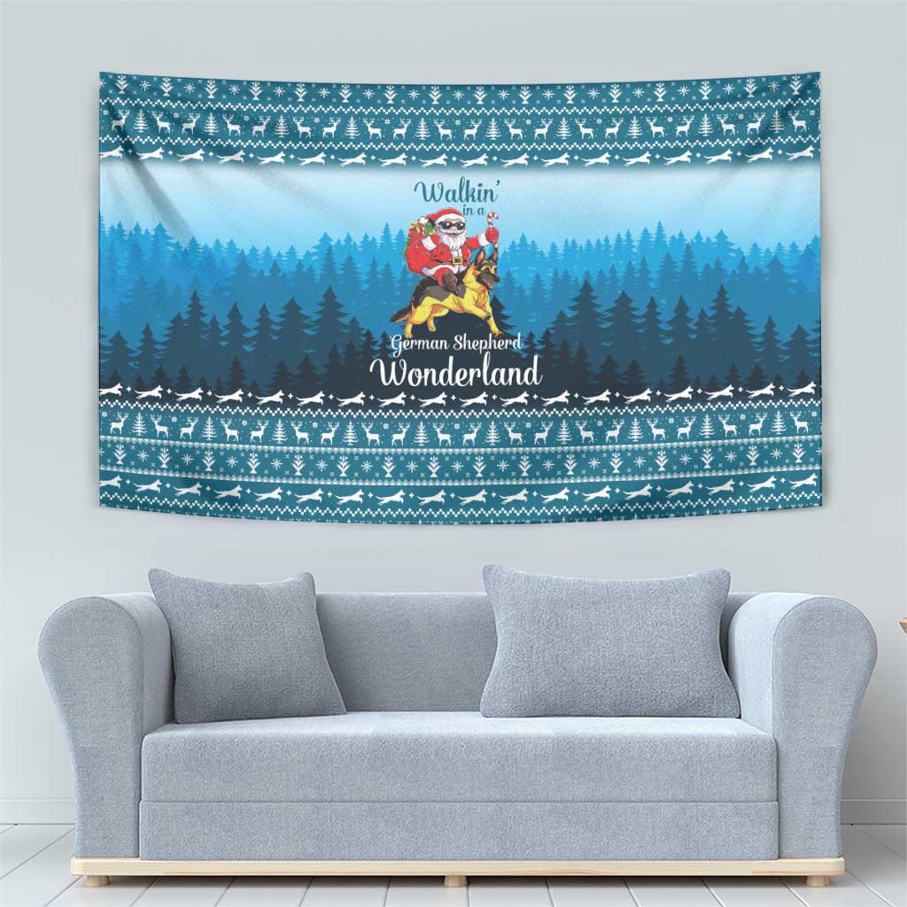 German Shepherd Christmas Tapestry with Walking in a Wonderland Quote and Santa Forest - Wonder Print Shop