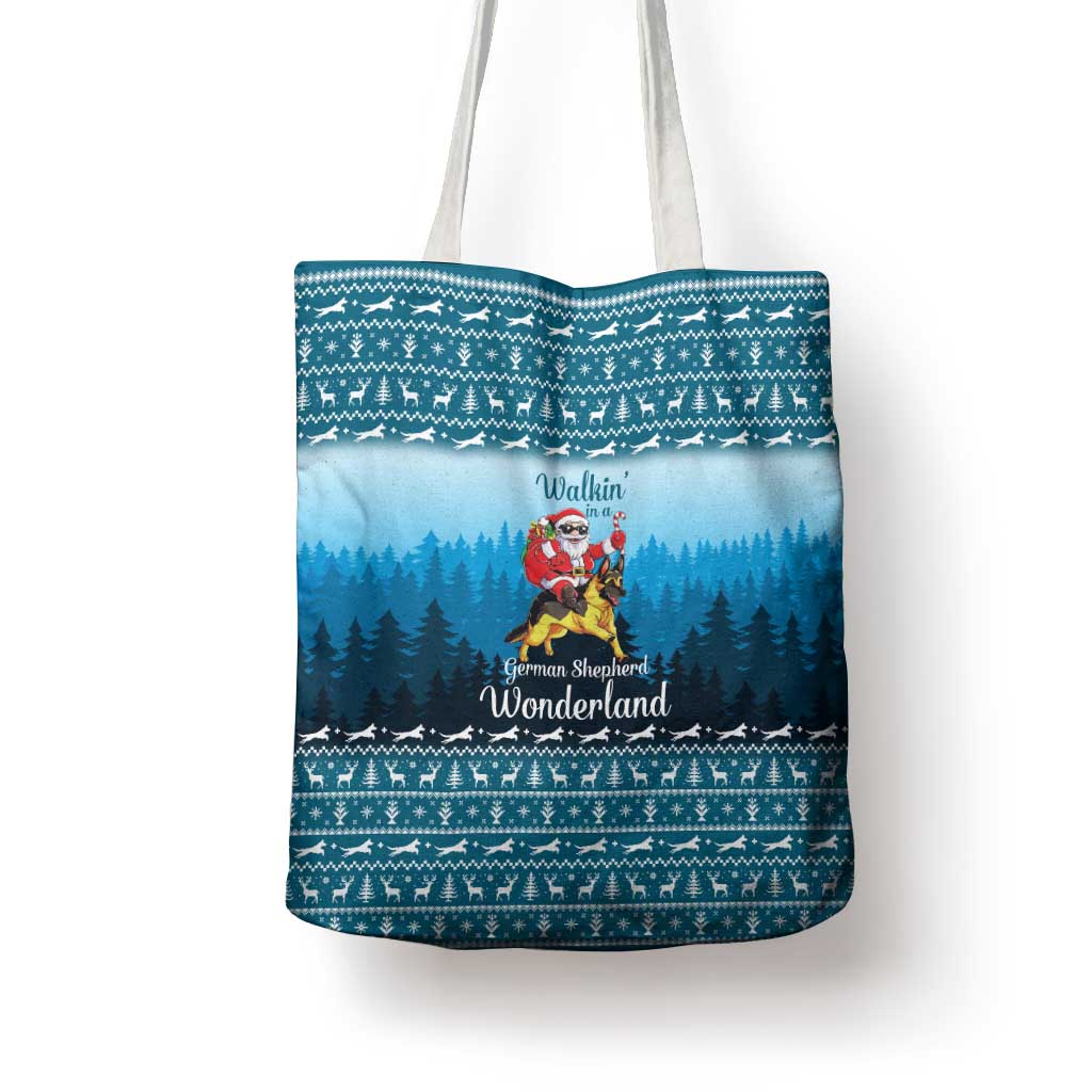 German Shepherd Christmas Tote Bag with Walking in a Wonderland Quote and Santa Forest - Wonder Print Shop