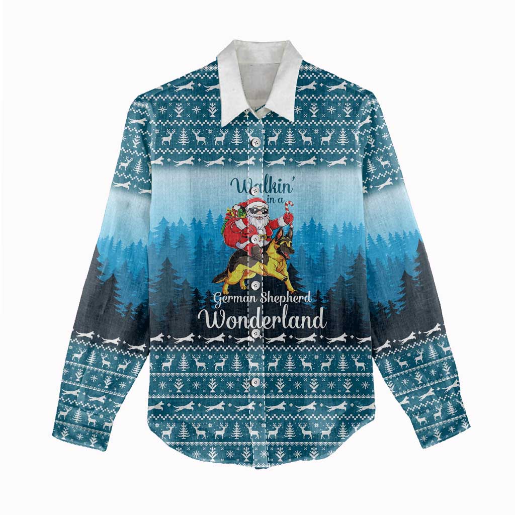 German Shepherd Christmas Women Casual Shirt with Walking in a Wonderland Quote and Santa Forest - Wonder Print Shop