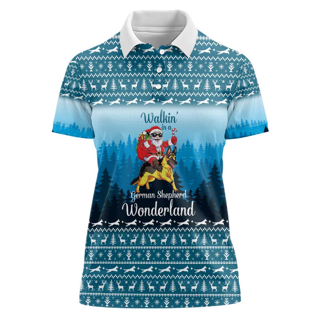 German Shepherd Christmas Women Polo Shirt with Walking in a Wonderland Quote and Santa Forest - Wonder Print Shop