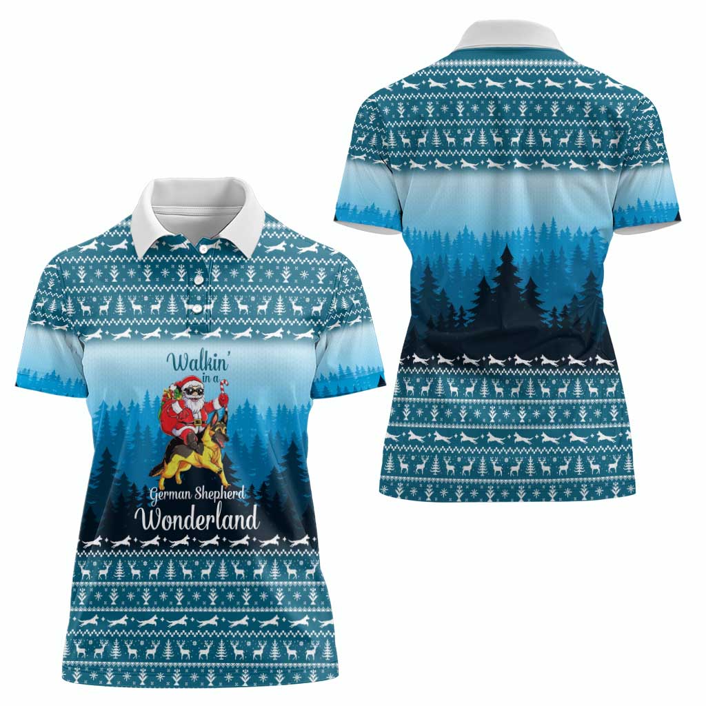 German Shepherd Christmas Women Polo Shirt with Walking in a Wonderland Quote and Santa Forest - Wonder Print Shop