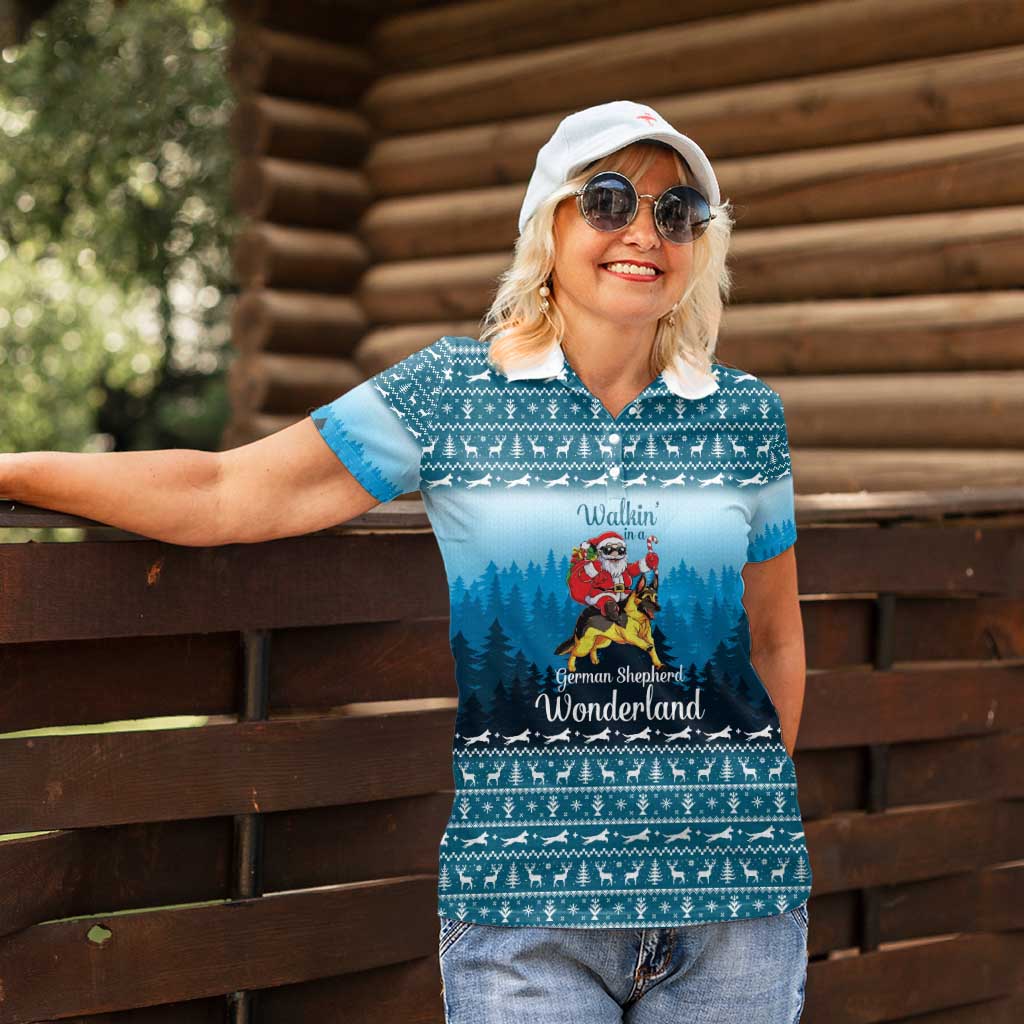 German Shepherd Christmas Women Polo Shirt with Walking in a Wonderland Quote and Santa Forest - Wonder Print Shop
