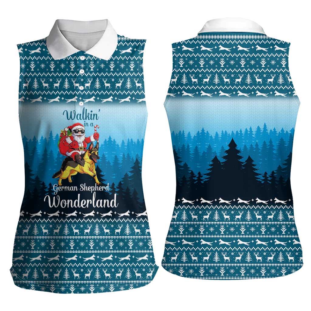German Shepherd Christmas Women Sleeveless Polo Shirt with Walking in a Wonderland Quote and Santa Forest - Wonder Print Shop
