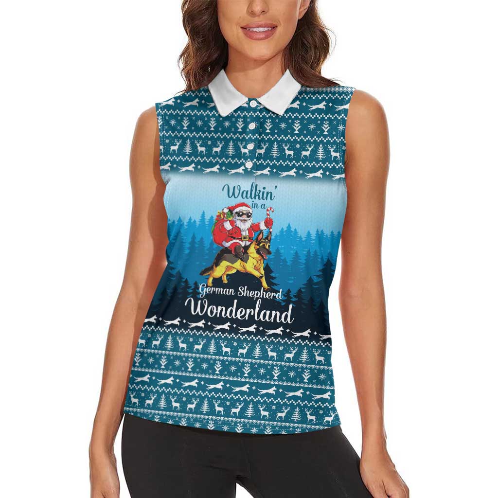 German Shepherd Christmas Women Sleeveless Polo Shirt with Walking in a Wonderland Quote and Santa Forest - Wonder Print Shop