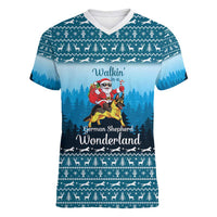 German Shepherd Christmas Women V-Neck T-Shirt with Walking in a Wonderland Quote and Santa Forest - Wonder Print Shop