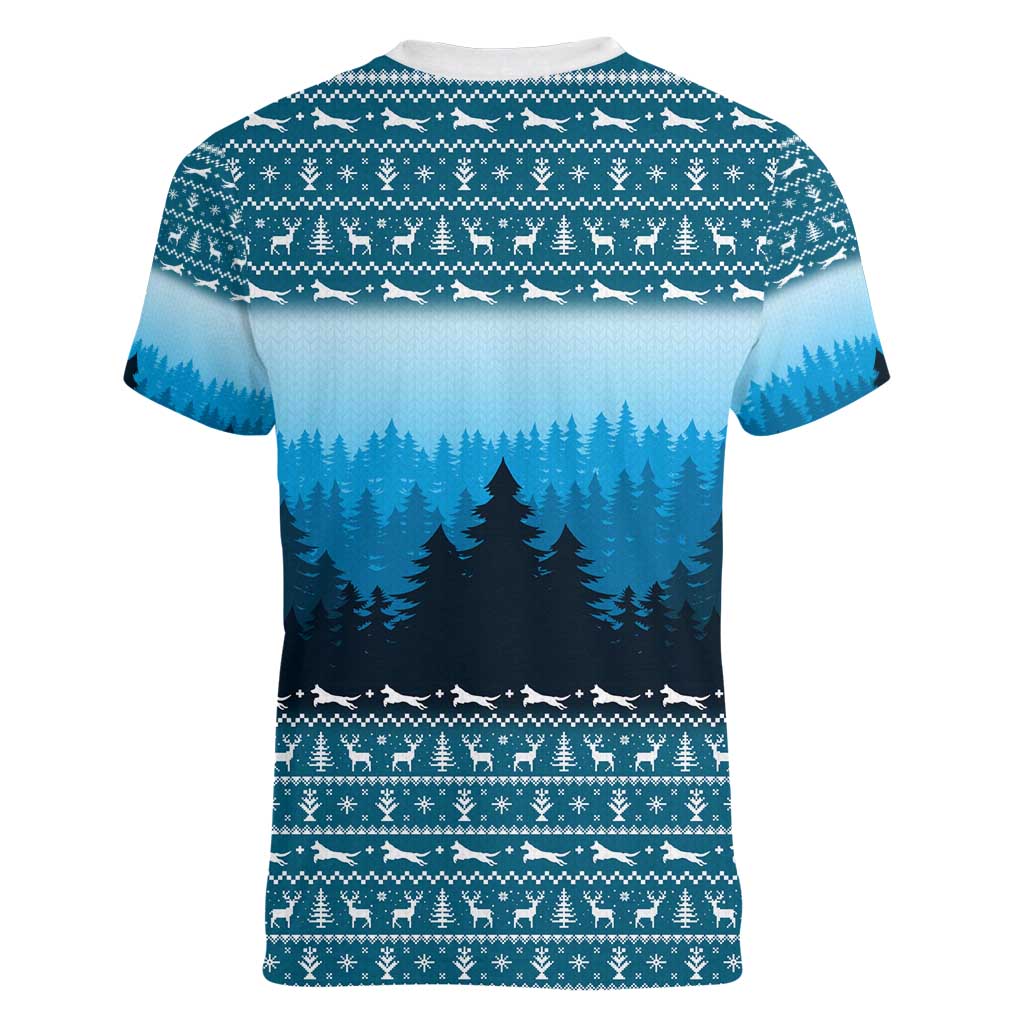 German Shepherd Christmas Women V-Neck T-Shirt with Walking in a Wonderland Quote and Santa Forest - Wonder Print Shop