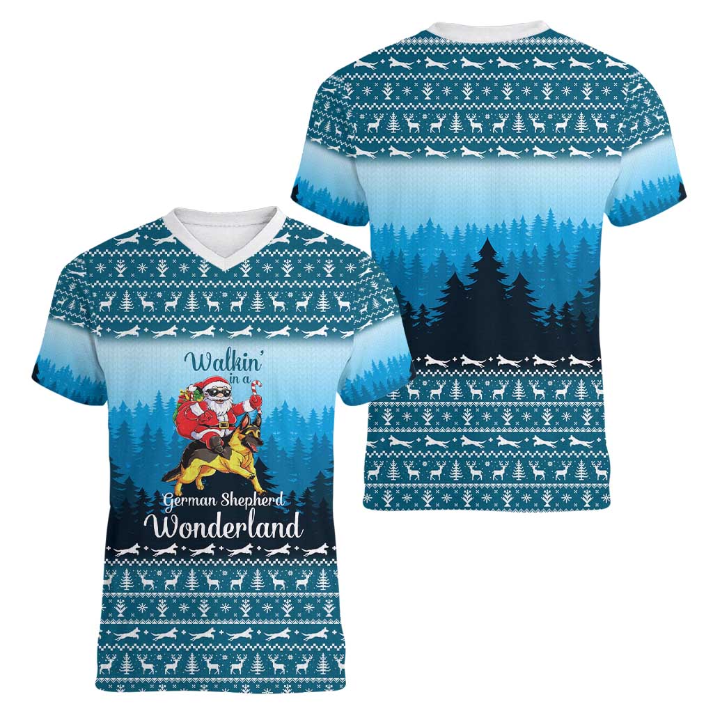 German Shepherd Christmas Women V-Neck T-Shirt with Walking in a Wonderland Quote and Santa Forest - Wonder Print Shop