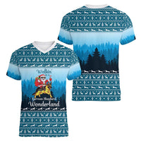 German Shepherd Christmas Women V-Neck T-Shirt with Walking in a Wonderland Quote and Santa Forest - Wonder Print Shop
