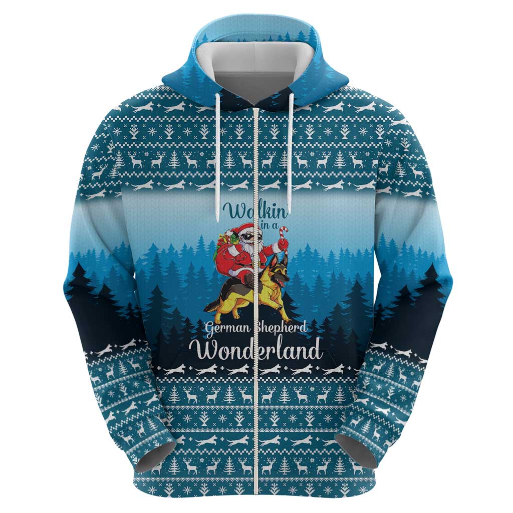 German Shepherd Christmas Zip Hoodie with Walking in a Wonderland Quote and Santa Forest - Wonder Print Shop