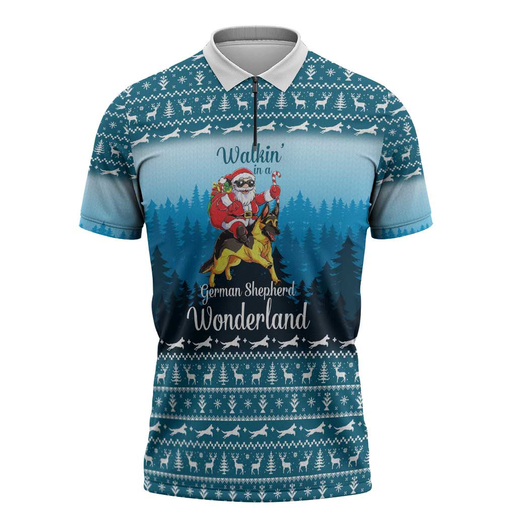 German Shepherd Christmas Zipper Polo Shirt with Walking in a Wonderland Quote and Santa Forest - Wonder Print Shop
