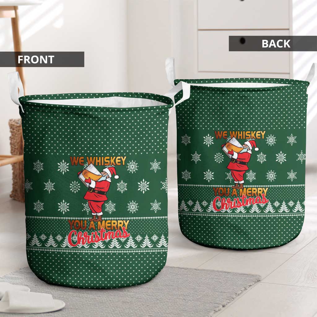 Funny Whiskey Christmas Laundry Basket with Santa Holding Mug and We Whiskey You a Merry Christmas Quote - Wonder Print Shop