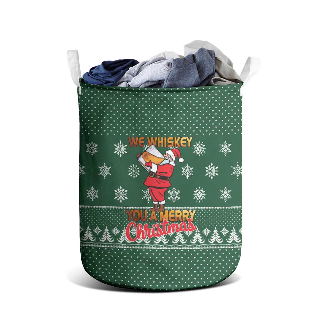Funny Whiskey Christmas Laundry Basket with Santa Holding Mug and We Whiskey You a Merry Christmas Quote - Wonder Print Shop