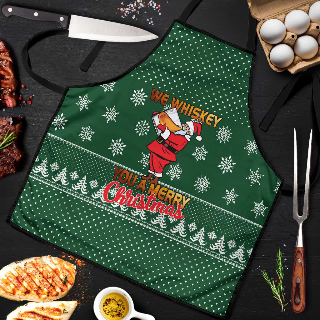 Funny Whiskey Christmas Apron with Santa Holding Mug and We Whiskey You a Merry Christmas Quote - Wonder Print Shop