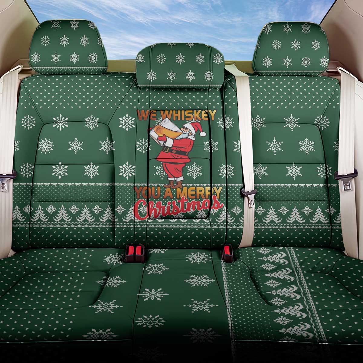 Funny Whiskey Christmas Back Car Seat Cover with Santa Holding Mug and We Whiskey You a Merry Christmas Quote - Wonder Print Shop