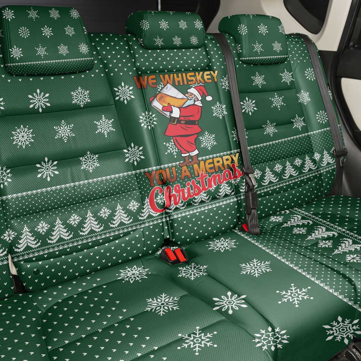 Funny Whiskey Christmas Back Car Seat Cover with Santa Holding Mug and We Whiskey You a Merry Christmas Quote - Wonder Print Shop