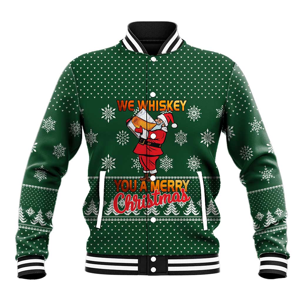 Funny Whiskey Christmas Baseball Jacket with Santa Holding Mug and We Whiskey You a Merry Christmas Quote - Wonder Print Shop