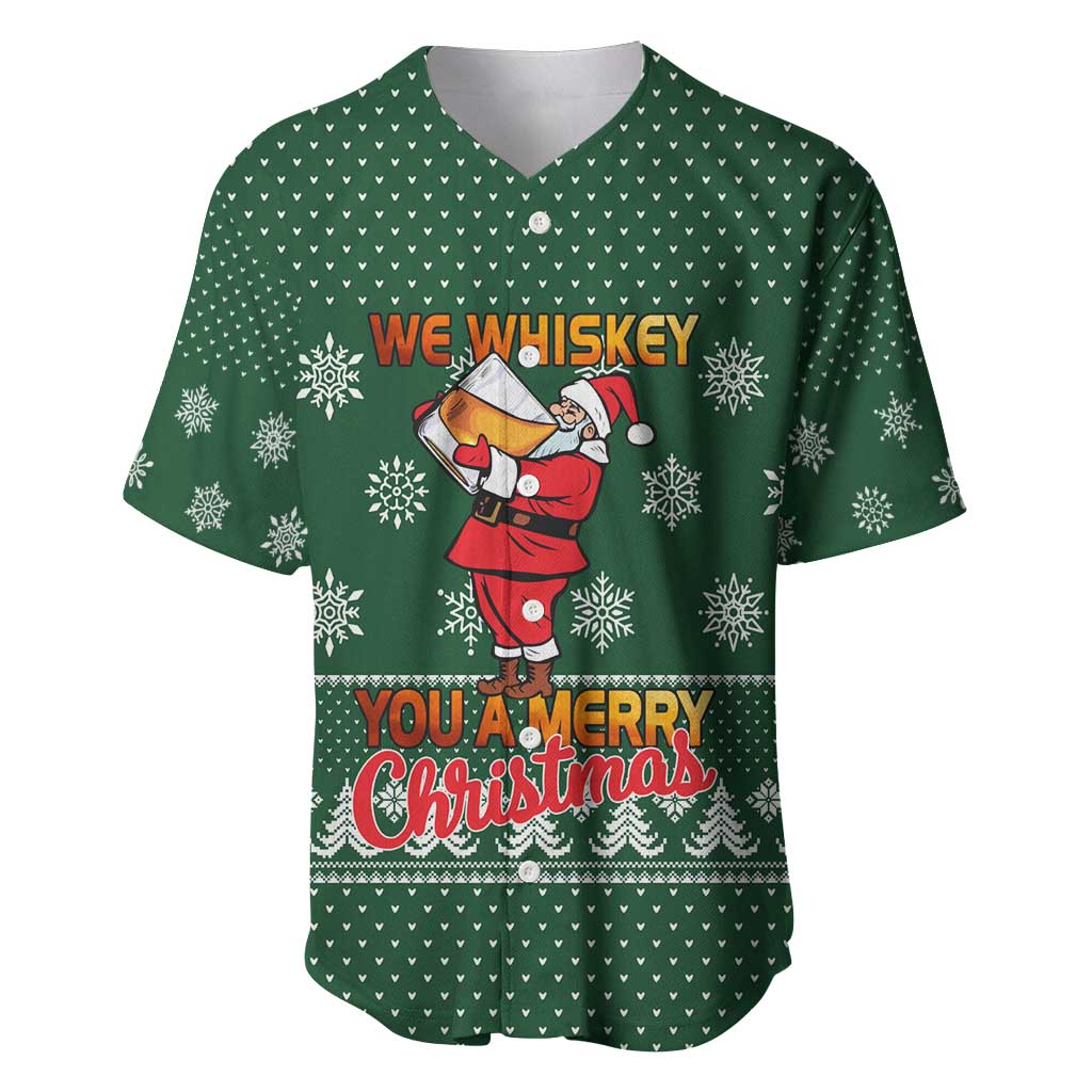 Funny Whiskey Christmas Baseball Jersey with Santa Holding Mug and We Whiskey You a Merry Christmas Quote - Wonder Print Shop