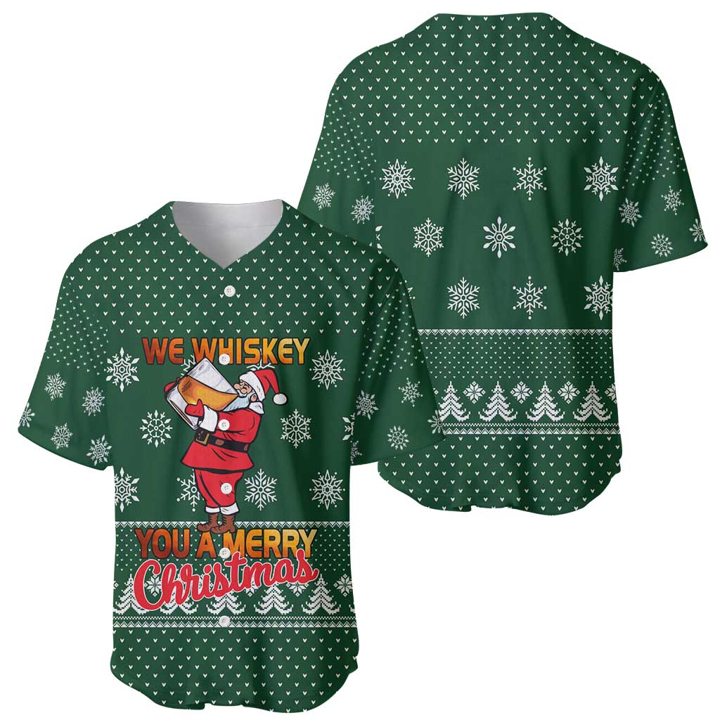 Funny Whiskey Christmas Baseball Jersey with Santa Holding Mug and We Whiskey You a Merry Christmas Quote - Wonder Print Shop