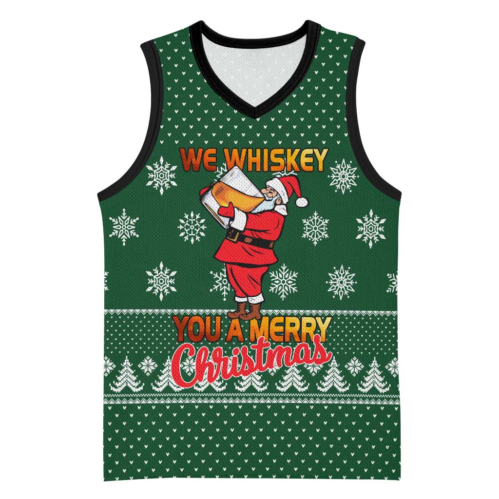 Funny Whiskey Christmas Basketball Jersey with Santa Holding Mug and We Whiskey You a Merry Christmas Quote - Wonder Print Shop