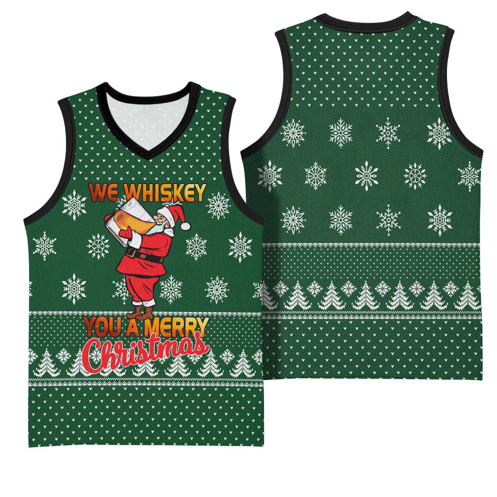 Funny Whiskey Christmas Basketball Jersey with Santa Holding Mug and We Whiskey You a Merry Christmas Quote - Wonder Print Shop