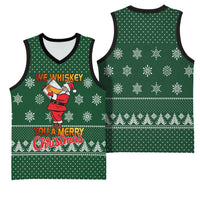 Funny Whiskey Christmas Basketball Jersey with Santa Holding Mug and We Whiskey You a Merry Christmas Quote - Wonder Print Shop