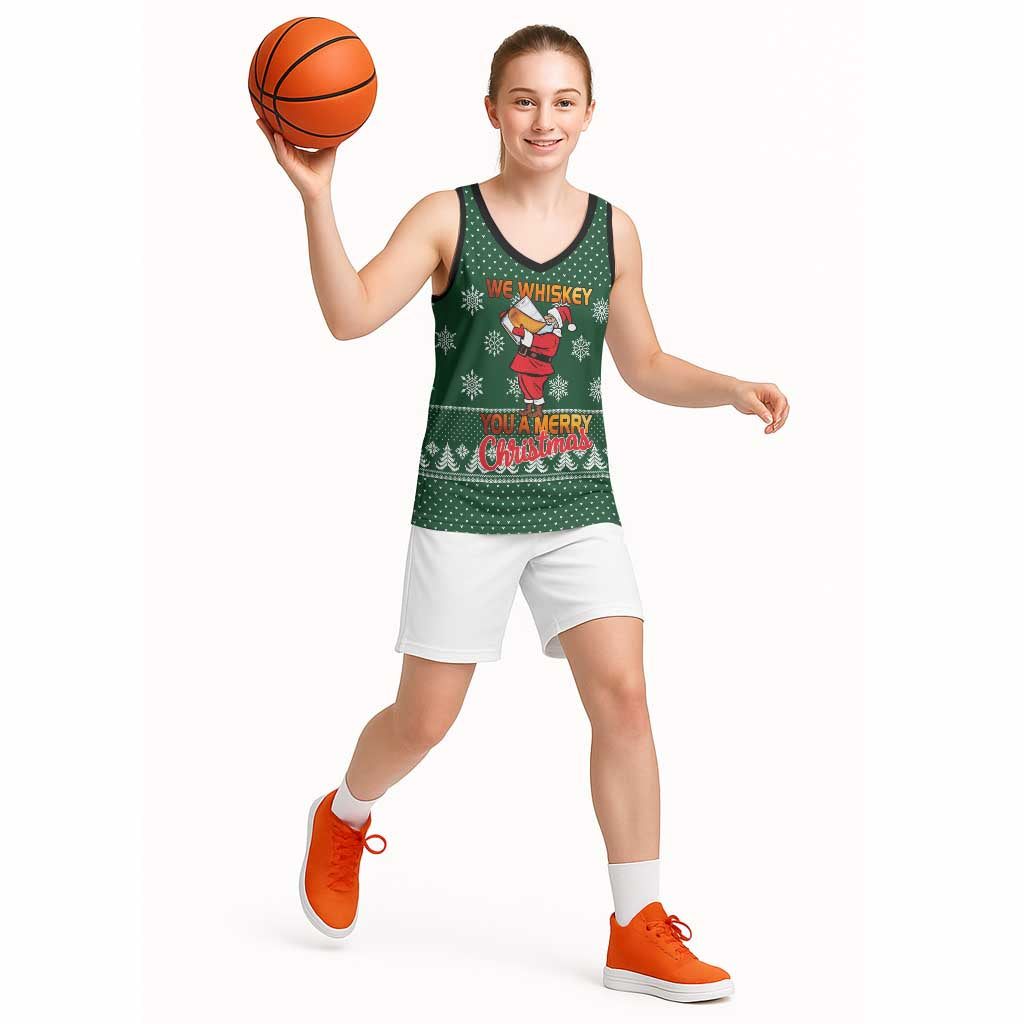 Funny Whiskey Christmas Basketball Jersey with Santa Holding Mug and We Whiskey You a Merry Christmas Quote - Wonder Print Shop
