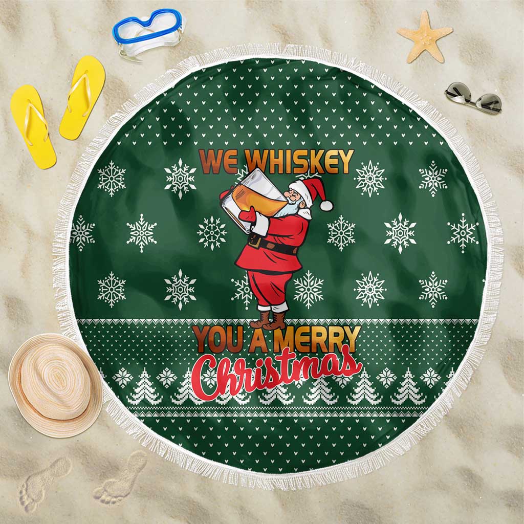 Funny Whiskey Christmas Beach Blanket with Santa Holding Mug and We Whiskey You a Merry Christmas Quote - Wonder Print Shop