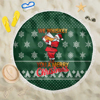 Funny Whiskey Christmas Beach Blanket with Santa Holding Mug and We Whiskey You a Merry Christmas Quote - Wonder Print Shop