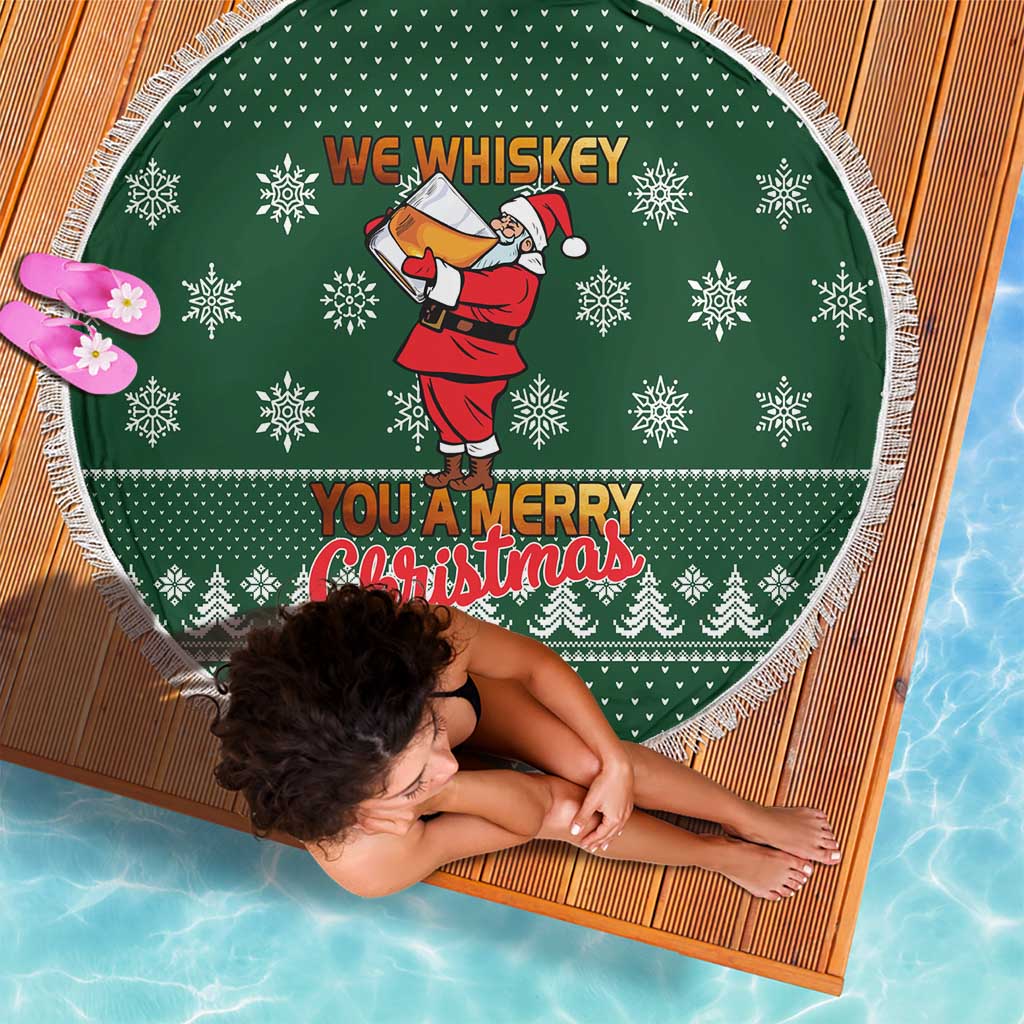 Funny Whiskey Christmas Beach Blanket with Santa Holding Mug and We Whiskey You a Merry Christmas Quote - Wonder Print Shop