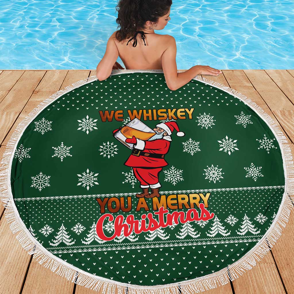 Funny Whiskey Christmas Beach Blanket with Santa Holding Mug and We Whiskey You a Merry Christmas Quote - Wonder Print Shop