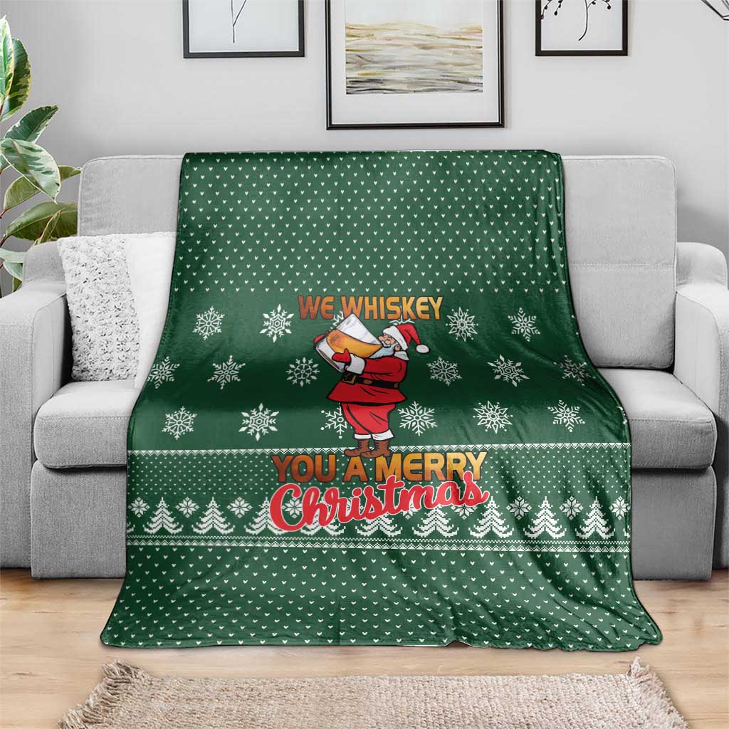 Funny Whiskey Christmas Blanket with Santa Holding Mug and We Whiskey You a Merry Christmas Quote - Wonder Print Shop
