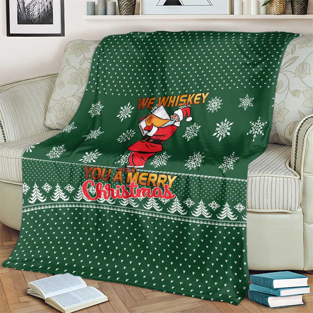 Funny Whiskey Christmas Blanket with Santa Holding Mug and We Whiskey You a Merry Christmas Quote - Wonder Print Shop