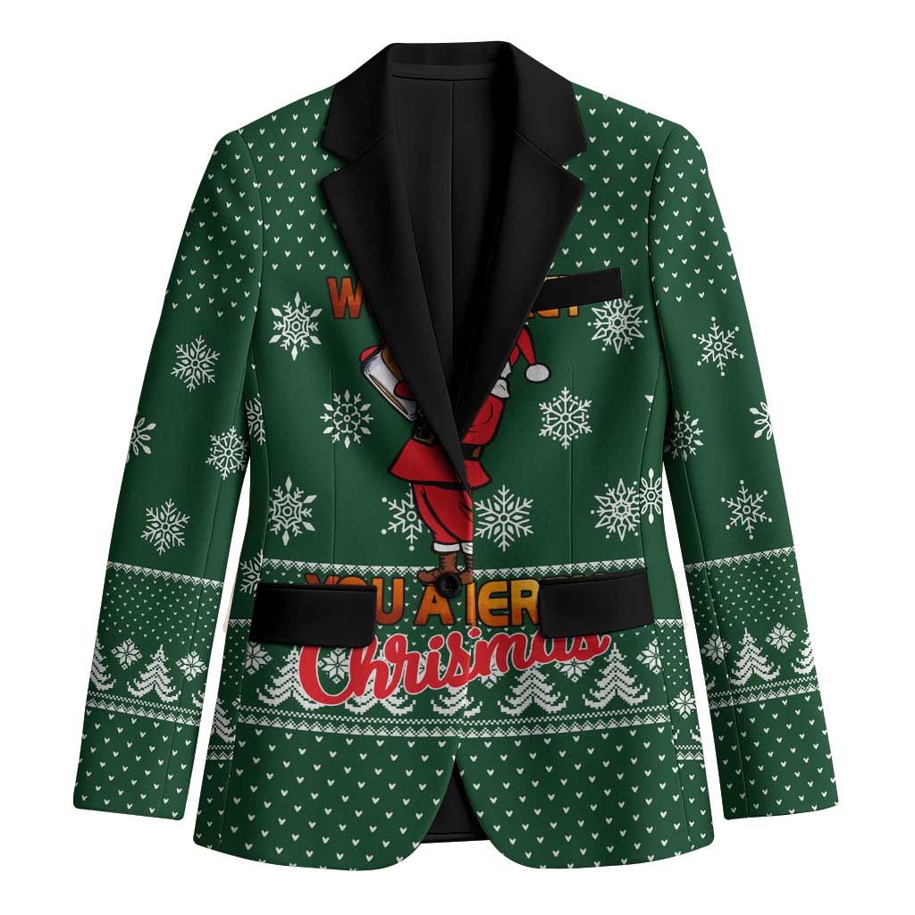 Funny Whiskey Christmas Blazer with Santa Holding Mug and We Whiskey You a Merry Christmas Quote - Wonder Print Shop