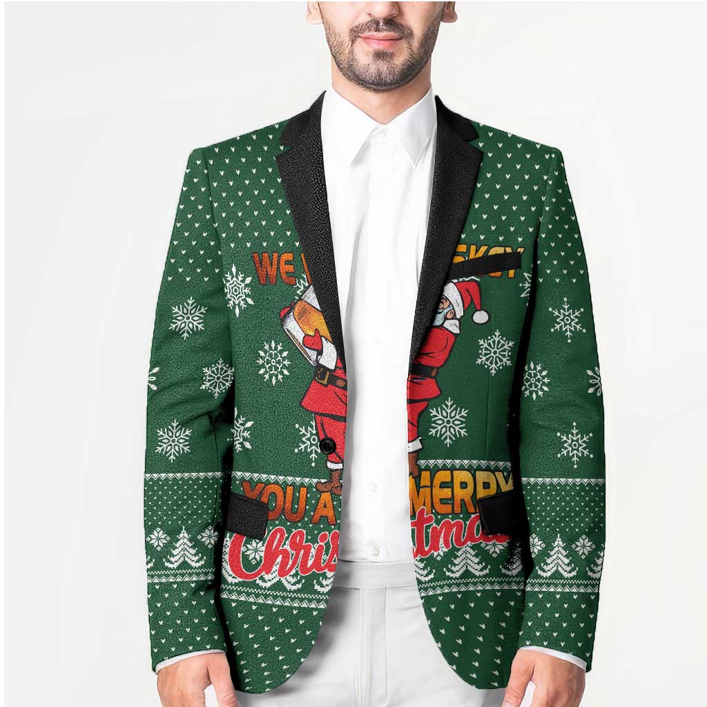 Funny Whiskey Christmas Blazer with Santa Holding Mug and We Whiskey You a Merry Christmas Quote - Wonder Print Shop
