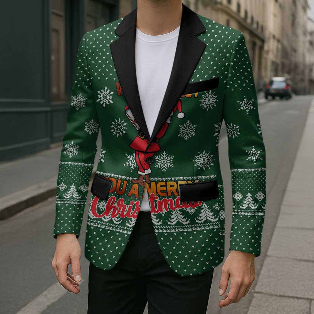 Funny Whiskey Christmas Blazer with Santa Holding Mug and We Whiskey You a Merry Christmas Quote - Wonder Print Shop