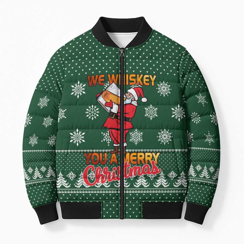 Funny Whiskey Christmas Bomber Puffer Jacket with Santa Holding Mug and We Whiskey You a Merry Christmas Quote - Wonder Print Shop