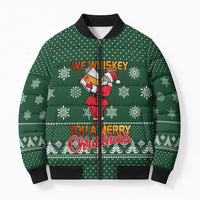 Funny Whiskey Christmas Bomber Puffer Jacket with Santa Holding Mug and We Whiskey You a Merry Christmas Quote - Wonder Print Shop