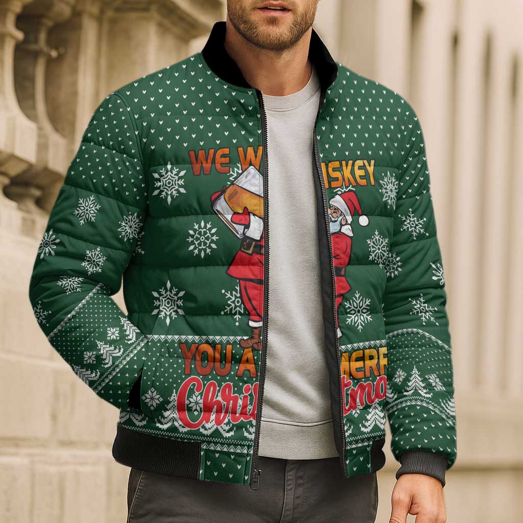 Funny Whiskey Christmas Bomber Puffer Jacket with Santa Holding Mug and We Whiskey You a Merry Christmas Quote - Wonder Print Shop