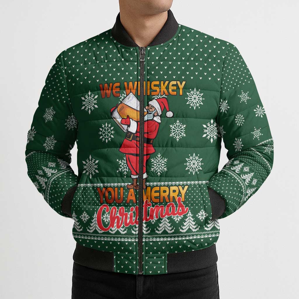 Funny Whiskey Christmas Bomber Puffer Jacket with Santa Holding Mug and We Whiskey You a Merry Christmas Quote - Wonder Print Shop