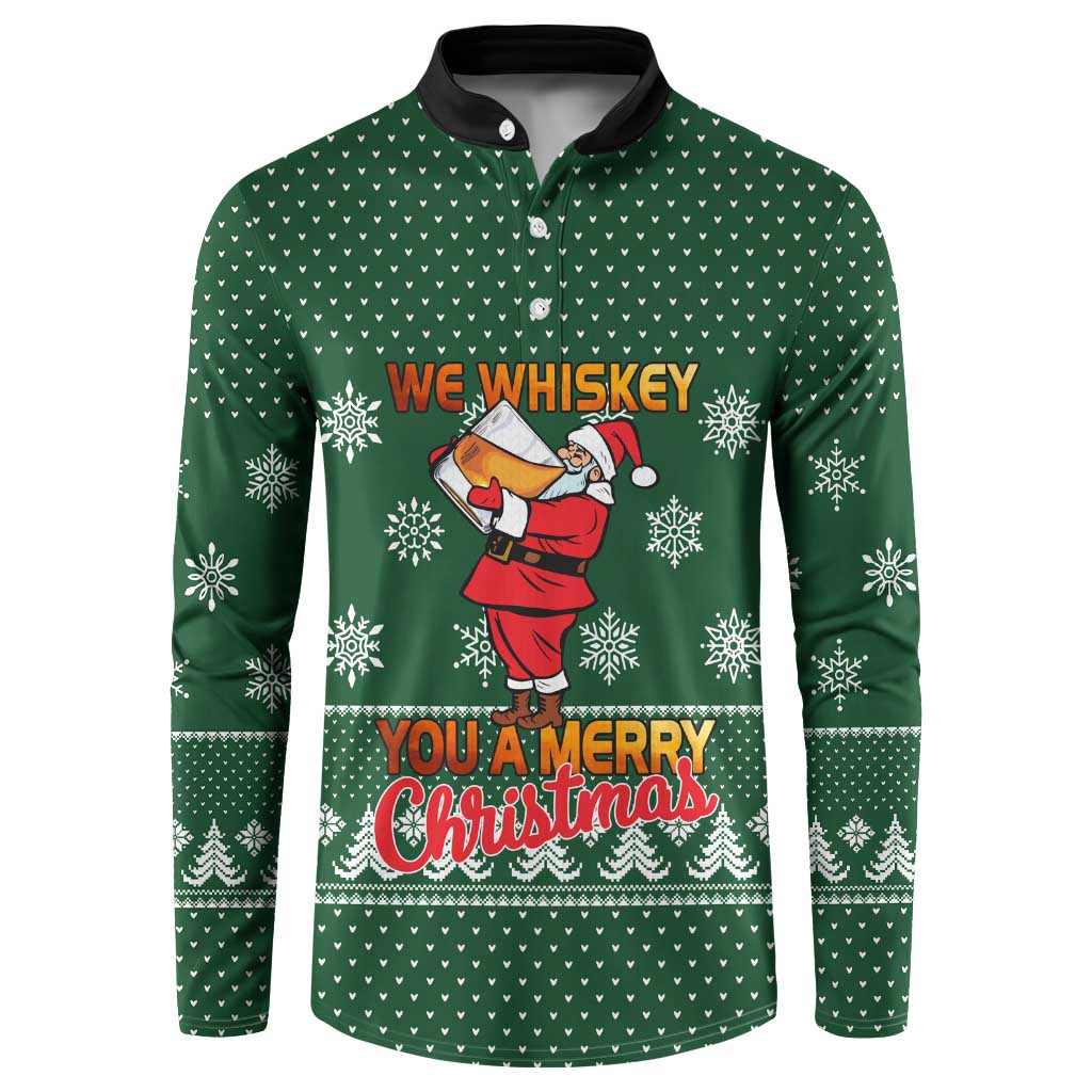 Funny Whiskey Christmas Button Sweatshirt with Santa Holding Mug and We Whiskey You a Merry Christmas Quote - Wonder Print Shop