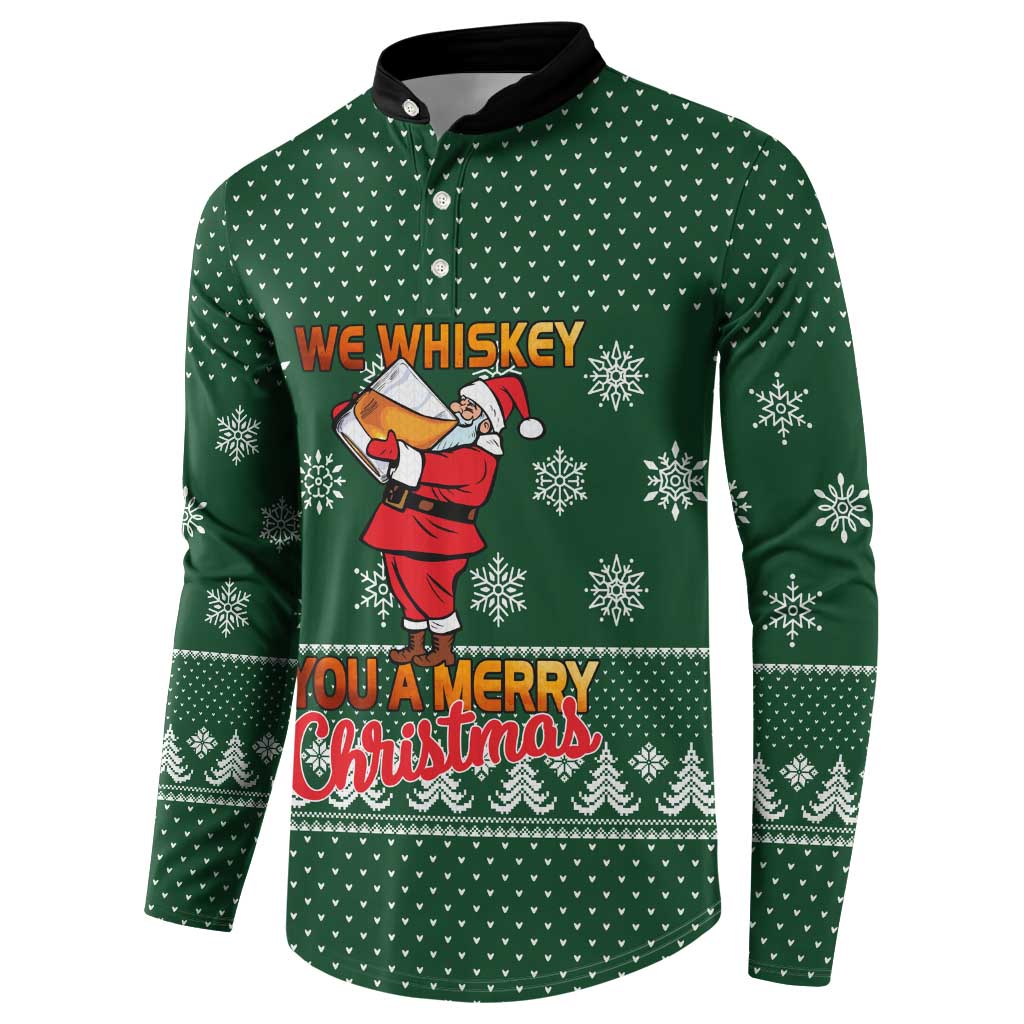 Funny Whiskey Christmas Button Sweatshirt with Santa Holding Mug and We Whiskey You a Merry Christmas Quote - Wonder Print Shop