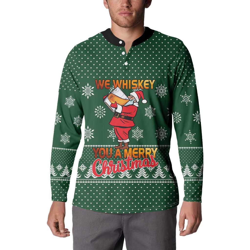 Funny Whiskey Christmas Button Sweatshirt with Santa Holding Mug and We Whiskey You a Merry Christmas Quote - Wonder Print Shop