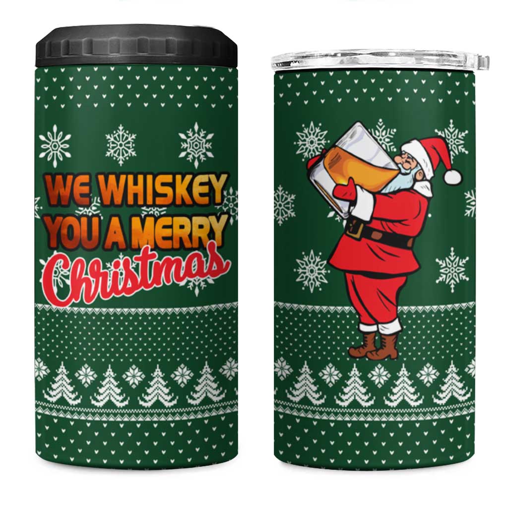 Funny Whiskey Christmas 4 in 1 Can Cooler Tumbler with Santa Holding Mug and We Whiskey You a Merry Christmas Quote - Wonder Print Shop